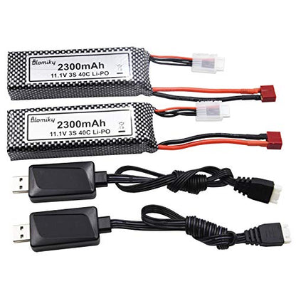Blomiky 2 Pack 11.1V 3S 2200mAh 24.42Wh Li-Polymer Rechargeable Battery with T Plug and USB Cable for RC Truck Airplane Drone 11.1V 2200mAh T