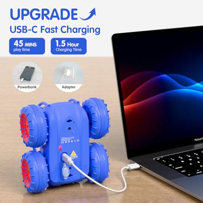 Remote Control Car, Fast Direct Charging RC Cars Amphibious 360° Rotating LED Rechargeable Stunt Car 2.4Ghz 4WD All Terrain RC Race Cars Toy Christmas Birthday Gift for Kids Boys Girls Aged 3-12 years - color: Blue