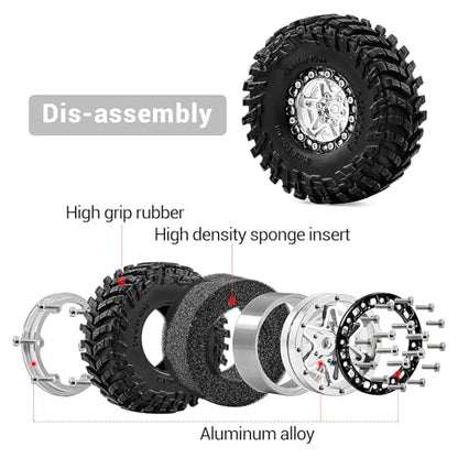 1.3" Pre-Assembled Beadlock Wheels and Tires 72mm (2.83in) for SCX24 TRX4M 1/18 1/24 RC Crawlers – Aluminum Rims, Rubber Tires with Foam Inserts, Easy-Install Upgrade Parts (Silver) - color: Silver 312
