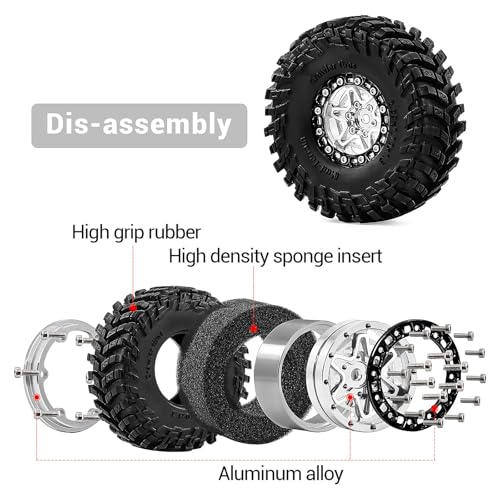 1.3" Pre-Assembled Beadlock Wheels and Tires 72mm (2.83in) for SCX24 TRX4M 1/18 1/24 RC Crawlers – Aluminum Rims, Rubber Tires with Foam Inserts, Easy-Install Upgrade Parts (Silver) - color: Silver 312