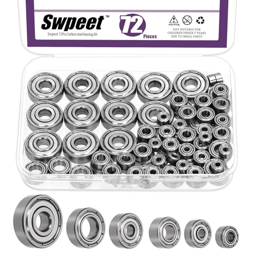 Swpeet 72Pcs 6 Sizes 693ZZ, 623ZZ, 624ZZ, 685ZZ, 687ZZ,627ZZ Ball Bearings Assortment Kit, Carbon Steel Deep Groove Bearings, Double Shielded - size: Assortment Kit-72PCS, style: Carbon Steel