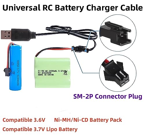 Smart Universal RC Charger Cable with SM-2P Connector Plug for 3.7V 1S Lipo Battery & 3.6V 3S Ni-MH/Ni-CD Battery Pack, Compatible RC Car/Boat/Plane/Drone/Tank/RC Helicopters