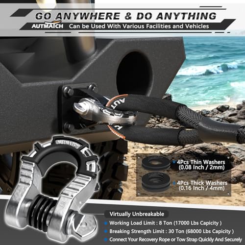 AUTMATCH D Ring Shackles 3/4" Mega Shackle (2 Pack) 68,000Ibs Break Strength - Heavy Duty Clevis Shackles with 7/8" Screw Pin and Isolator Washer for Tow Strap Winch Off Road Vehicle Recovery, Silver - color: Silver