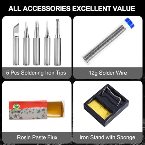 FEITA Electric Soldering Iron Kit with 80W LCD Digital Adjustable Temperature Soldering-iron, 5 Soldering Tips, Rosin Flux, Solder Wires & Stand, Electrical Soldering Kit for Electronics - color: 80w 9in1