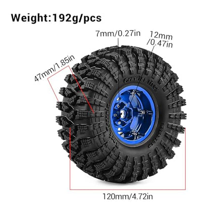 1.9" Alloy Wheels and Rubber Tires 4-Pack, for TRX4, SCX10, SCX10 III, 90046, D90 and Other Popular RC Crawler Models (blue) - color: Blue+W tires