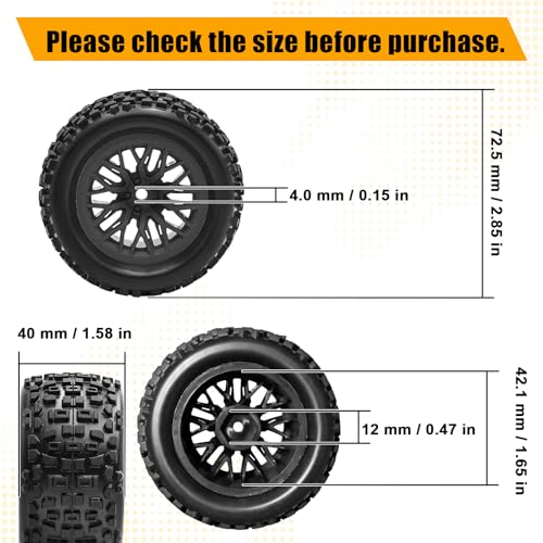 Pre-Glued 1/16 & 1/18 RC Monster Truck Tires, Soft Rubber Tire and Nylon Wheels Rims with 12mm hex Compatible with ARRMA 1/18 Granite/Typhon Grom, WLtoys A949, MJX Hyper Go H16 RC Buggy, 4PCS (Black) - color: Black