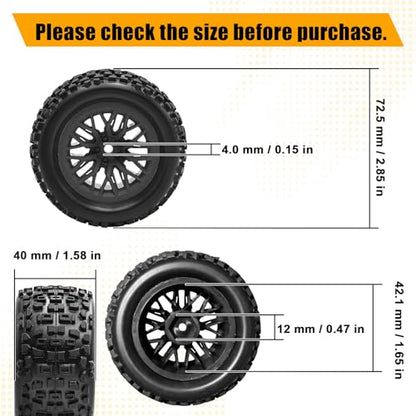 Pre-Glued 1/16 & 1/18 RC Monster Truck Tires, Soft Rubber Tire and Nylon Wheels Rims with 12mm hex Compatible with ARRMA 1/18 Granite/Typhon Grom, WLtoys A949, MJX Hyper Go H16 RC Buggy, 4PCS (Black) - color: Black