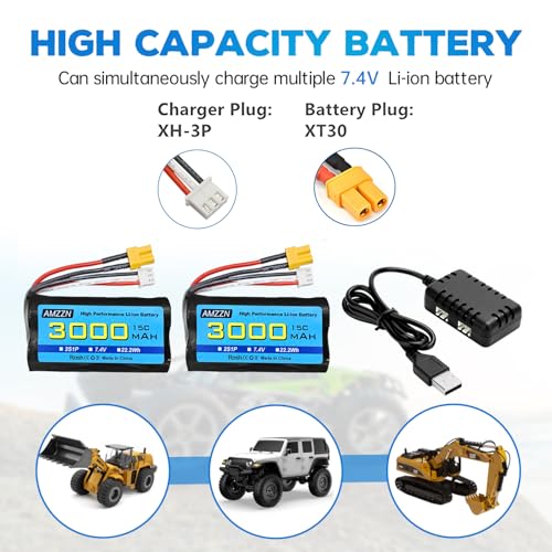 2PCS 7.4V 3000mAh 15C 2S XT-30 Plug Li-ion Battery with 2-in-1 Charger for RC High-Speed Cars, Trucks RC Ship Model Car and Huina Engineering Vehicle Batteries