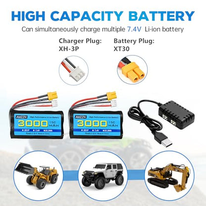 2PCS 7.4V 3000mAh 15C 2S XT-30 Plug Li-ion Battery with 2-in-1 Charger for RC High-Speed Cars, Trucks RC Ship Model Car and Huina Engineering Vehicle Batteries