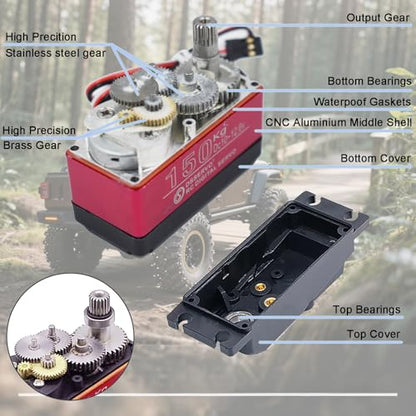 12V Waterproof IP66 150KG Digital RC Servo 1/5 Stainless Steel Gear High Torque Large Steering Servo with 18T Servo Arm for Baja Car RC Car Robot Crawler 270° Control Angle