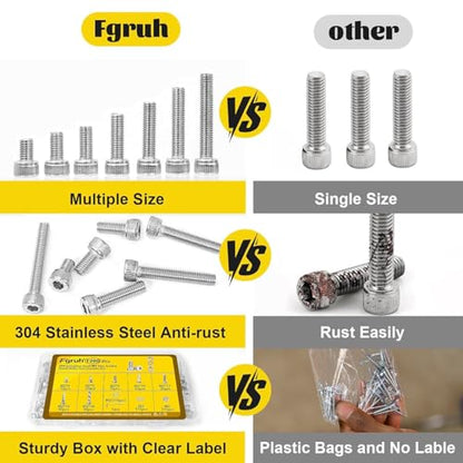 1260pcs M2 Screw Assortment kit, M2*4mm/6mm/8mm/10mm/12mm/16mm/20mm 304 Stainless Steel Hex Socket Head Cap Screw Bolts Nuts Flat & Lock Washer Set - size: SS M2 1260pcs