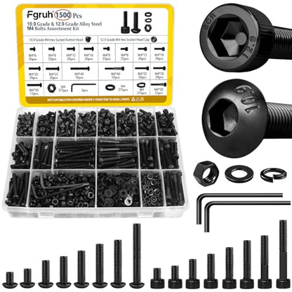 1500PCS M4 Screws with Nuts Assortment Kit, M4x6/8/12/16/20/25/30/40 mm Hex Socket Button & Cap Head Bolts Nut and Washers Set, 12.9 & 10.9 Grade Black Zinc Plated for DIY, 3D Printer - size: M4 1500pcs