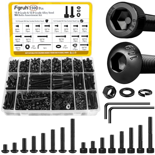 1500PCS M4 Screws with Nuts Assortment Kit, M4x6/8/12/16/20/25/30/40 mm Hex Socket Button & Cap Head Bolts Nut and Washers Set, 12.9 & 10.9 Grade Black Zinc Plated for DIY, 3D Printer - size: M4 1500pcs
