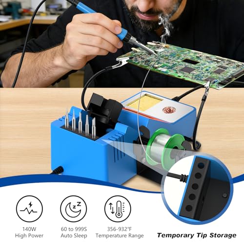 Soldering Station, 140W Digital Display Soldering Iron Station Kit with 2 Helping Hands, 356°F-932°F, Auto Sleep, °C/°F Conversion, Solder Wire, 5 Tips, Solder Sucker, Tweezers, Tip Cleaner, Blue - color: Blue