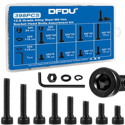 398PCS M5 Socket Head Cap Bolts Kit with Nuts, Flat & Spring Washers | 12.9 Grade Alloy Steel Black Zinc Plated Screws M5-0.8 x8/10/12/16/20/25/30/35 mm Metric Fastener for 3D printer, Furniture - size: G12.9 M5 398PCS