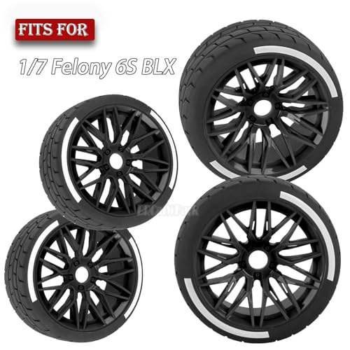 RC Wheels and Tires for 1/7 Felony 6S BLX,RC Highway Wheel Rubber Tires,4PCS RC Drift Car Highway Tires Road Soft Tires,Black - color: Black - (4pcs Highwaytires)