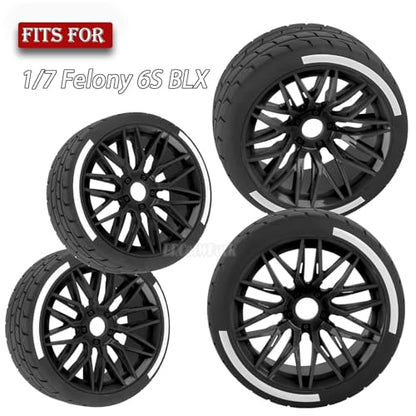 RC Wheels and Tires for 1/7 Felony 6S BLX,RC Highway Wheel Rubber Tires,4PCS RC Drift Car Highway Tires Road Soft Tires,Black - color: Black - (4pcs Highwaytires)
