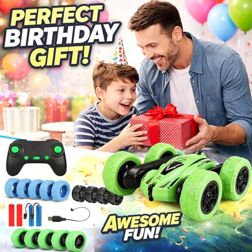 Titorot RC Stunt Car –Green | 360° stunt flips, double-sided driving, LED lights, rechargeable battery, 2.4GHz anti-interference, all-terrain wheels, 4-8 - color: Green+extra 4 Yellow Wheels