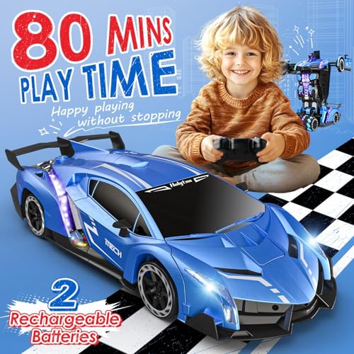 Holyton 1:10 Transforming RC Car, Large Remote Control Car | One-Button Transform to Robot, 2.4GHz Remote Control, Gesture Sensing, LED Lights, 80-Min Playtime, Gift for Kids Ages 5-12 - color: Blue