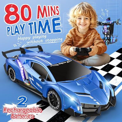 Holyton 1:10 Transforming RC Car, Large Remote Control Car | One-Button Transform to Robot, 2.4GHz Remote Control, Gesture Sensing, LED Lights, 80-Min Playtime, Gift for Kids Ages 5-12 - color: Blue
