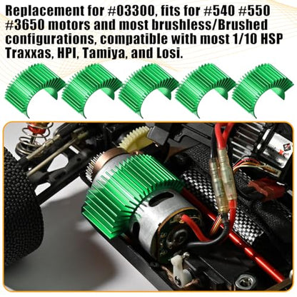 5PCS Aluminum Heatsink Electric Engine Motor Heat Sink Cooling Fins Replacement for #03300, Compatible with 1/10 HSP Traxxas HPI Tamiya Losi 550 540 3650 Size Brushed/Brushless Motor(Green) - style: Green