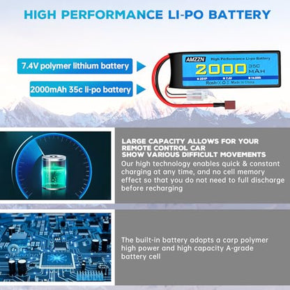 2S T Plug Lipo Battery 7.4V 2000mAh 35C with USB Charging Cable for RC Car,Truck Model Car,Remote Control Ship,RC Quadcopter Qircraft,FPV Drone Battery
