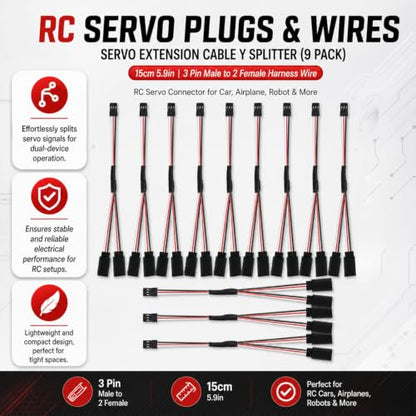 12 Packs Servo Extension Cable Y Splitter 15cm 5.9in 3 Pin Male to 2 Female Harness Wire, RC Servo Connector for Car, Airplane, Helicopter, Receiver, Compatible with Futaba JR Plugs
