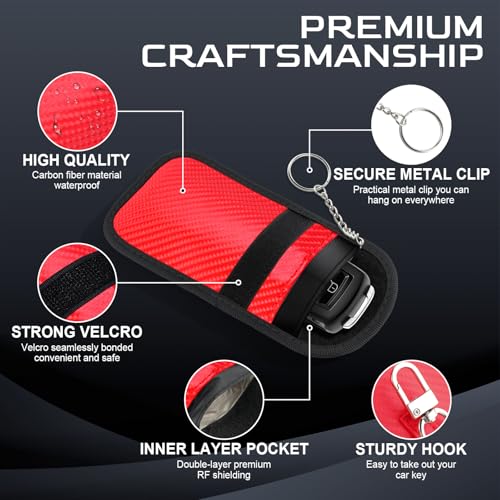 JUSTTOP 2-Pack Faraday Pouch for Car Keys, Faraday Key Fob Protector, 3.15"X5.12" Double-Layer Carbon Fiber Material Anti-Theft Faraday Bag | Car RFID Signal Blocking Holder (Red) - size: Small-Red