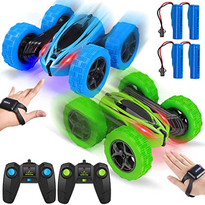 2PACK RC Stunt Car Watch Gesture Sensor Car 4WD Double Sided 360 Degree Rotating Tumbling Rechargeable Car High Speed 2.4GHZ Off Road Hobby RC Toy Cars for Xmas Birthday Gift Adults,Kids (Blue/Green) - style: Blue&Green