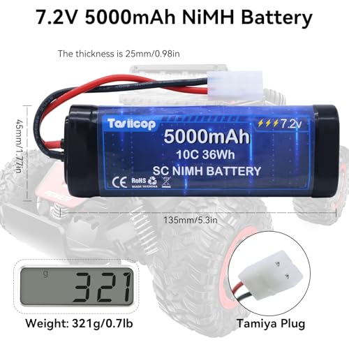 7.2V 5000mAh NIMH Battery 2 Packs - 7.2 Volt RC Rechargeable Batteries with Tamiya Plug Connector for Remote Control Car Monster Trucks Buggy Truggy Boat Tank and Related Series