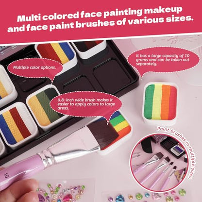 Professional Face Painting Kit for Kids Adults-12*10g Non Toxic Water Activated Face Paint Kit With Brushes,Stencils，Gem Stickers;Halloween,Carnival;Water Based Facepaint Makeup Kit for Kids Party - color: 12 Color Face Paint - 35 Piece Set