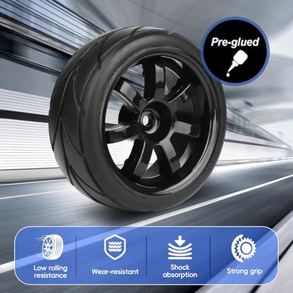 PreGlued 12mm Hex Hubs Wheel Rims&2.56" Rubber Tires for 1/10 On-Road Touring Car Drift for Traxxas 4tec 2.0 3.0 Tamiya TT02 TT01 HPI RS4 HSP Flying Fish Wltoys 144001 Kyosho Fazer (Edition A)