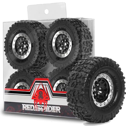 REDSPIDER 1.3 Aluminium Alloy Beadlock Wheels and Crawler Tires 1/24 RC Muddy Swamp Tyre 7mm Hex Fit for 1/18 1/24 Axial Trx4m SCX24 AX24 FCX24 RC Crawler XC-1 RTR CR-18P EVO (Black) - color: Black