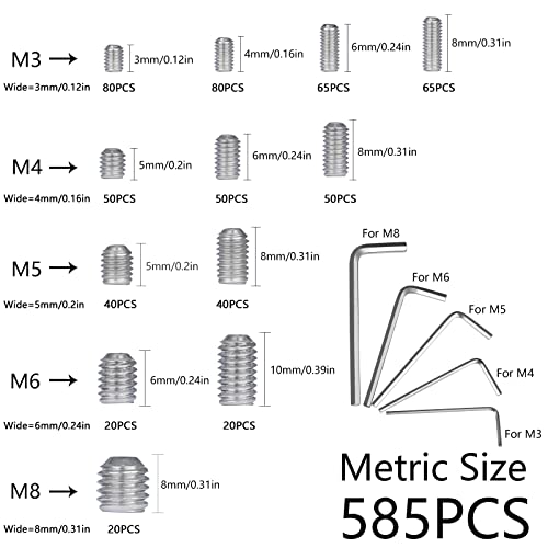 1000pcs Metric + SAE Set Screw Assortment Kit, Internal Hex Drive Cup-Point Allen Screws Set 304 Stainless Steel Grub Screw (M3-M8, 1/8""-40 to 5/16""-18) - color: Silver Set Screws 1000PCS