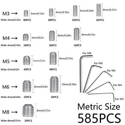 1000pcs Metric + SAE Set Screw Assortment Kit, Internal Hex Drive Cup-Point Allen Screws Set 304 Stainless Steel Grub Screw (M3-M8, 1/8""-40 to 5/16""-18) - color: Silver Set Screws 1000PCS