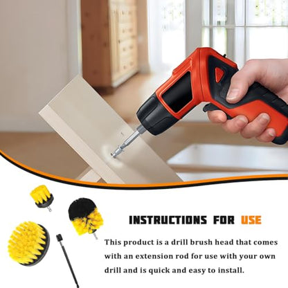 4PCS Drill Brush Attachment Kit with Extension Rod, Yellow | PP bristles with steel shafts, three brush sizes, quick-change extension rod, follows curved surfaces, compact storage - color: Yellow