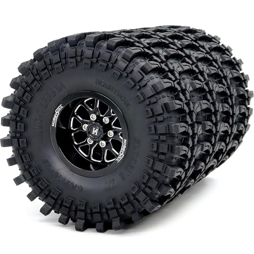 HOBBYSOUL 4pcs -10.5mm Negative Offset 1.9 Beadlock Wheels and Tires, 121mm Tall 1.9'' tyre and Rims for 1/10 RC Mud Crawler SCX10 TRX4 Gen8 Upgrades - color: Black