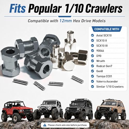 4PCS 12mm Hex Hub 15mm Aluminum Extension Hex for Axial SCX10 D90 90046 | 15mm CNC Wheel Hex Extenders for 1/10 RC Crawlers Redcat Gen7/Gen8 CC01 RC4WD Wider Stance & Tire Clearance with M4 Nuts Pins - color: Titanium