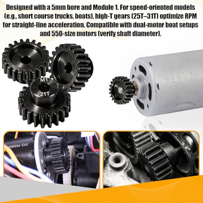 M1 Gear 21T 5mm Bore 3-Pack – High-Precision Hardened Steel Motor Pinion Gear for 1/8 1/10 RC Crawler, Monster Truck, Short Course Truck & Boat (Compatible with Traxxas Axial, FMS, HSP Redcat Losi) - style: M1 3Pcs 21T