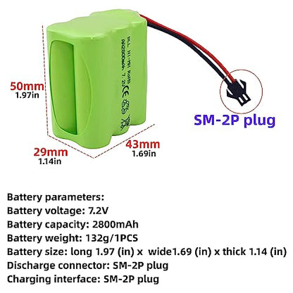 2PCS AA 7.2V 2800mAh Ni-MH High Capacity Battery with SM-2P Plug and 2PCS USB Charging Cable for Toy Tank Engineering, Flat Semi-Trailer Trucks, RC Cars Spare Batteries Pack