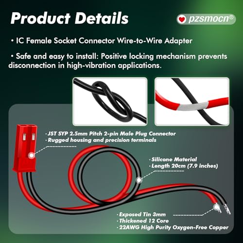 20 Pieces JST SYP 2.5mm 2 Pin 22AWG Flexible Silicone Connector Kit | Premium Automotive Wiring, Heavy Duty Terminals, Reliable Circuit Board, High Temperature Housing, Easy Project Assembly - size: 2-Pin, style: JST-SYP-M