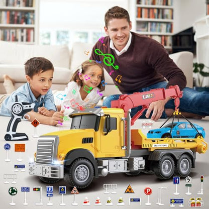 2.4GHz Remote Control Tow Truck for Kids – RC Log Truck with Racing Car, 4 Channel RC Transport Crane Vehicle Toy with Lights & Sounds, 28PCS Traffic Signs, 2 Batteries – Birthday Gift for Boys Girls
