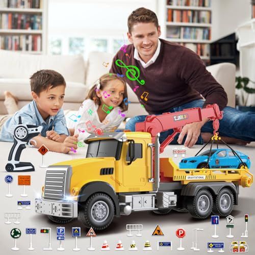 2.4GHz Remote Control Tow Truck for Kids – RC Log Truck with Racing Car, 4 Channel RC Transport Crane Vehicle Toy with Lights & Sounds, 28PCS Traffic Signs, 2 Batteries – Birthday Gift for Boys Girls
