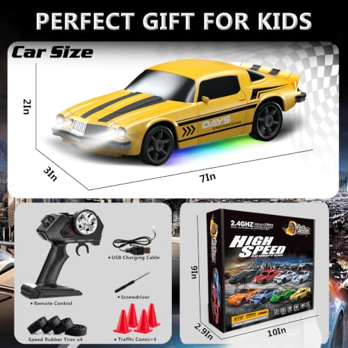 Remote Control Car RC Drift Car 2.4GHz 1:24 4WD 15KM/H High Speed Racing Sport Car with LED Lights Drifting Tire Racing Sport Toy for Adults Boys Girls Kids Gift - color: Yellow