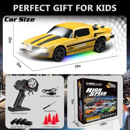 Remote Control Car RC Drift Car 2.4GHz 1:24 4WD 15KM/H High Speed Racing Sport Car with LED Lights Drifting Tire Racing Sport Toy for Adults Boys Girls Kids Gift - color: Yellow