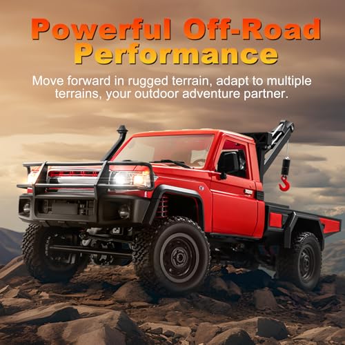 RC Truck with Crane, 1:12 Scale RC Crawler, MN-82T Remote Control Car, 2.4GHz 4WD All Terrain Off Road Pickup Truck Wrecker Vehicle with Lights for Adults (Red) - color: Red