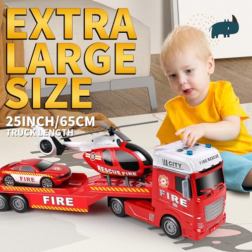 Dwi Dowellin 25.6" Semi Truck Toy with Racing Car and Helicopter for Kids Toddlers - Fire Toys,Birthday Gifts for Boy Toddler Child 2 3 4 5 6 Years Old - style: Fire Truck
