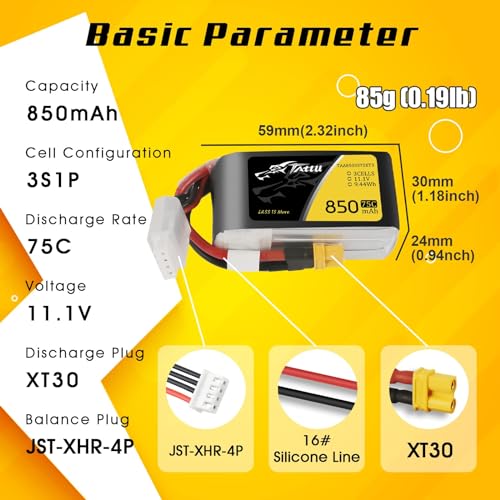 TATTU 850mAh 11.1V 75C 3S1P Lipo Battery Pack with XT30 Plug(2 Pcs)