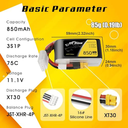 TATTU 850mAh 11.1V 75C 3S1P Lipo Battery Pack with XT30 Plug(2 Pcs)
