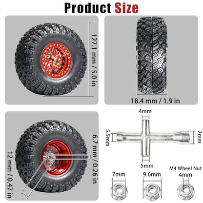 2.2 RC Crawler Tires 1/10 Beadlock Wheels 12mm Hex, Mud Terrain Rock Tires Soft Rubber 5.0x1.9, Aluminum Beadlock Rims 5.5mm Offset, RC Wheel Tire Set for SCX10 TRX4 TRX6 Gen8 VS4-10 D90 CFX - color: Red